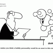 So what makes you think a bubbly personality would be an asset to this company?, job interview, HR cartoons