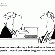 Financial Cartoons, Cartoons about money, cartoons about investing, stock market cartoons, Is it better to invest during a bull market or bear market? Depends...would you rather be gored or mauled?