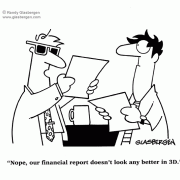 nope, our financial report doesn't look any better in 3D, cartoons about money, money, finance, financial report, financial statement, 3D glasses, technology, digital lifestyle.