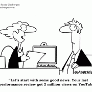 Business Cartoons: performance review, video, video camera, youtube, security, job performance, youtube, internet, manager, management.