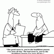 Medical Cartoons, doctor cartoons, health, wellness, healthy, healthiest person I've seen all day, good news, bad news, good health, bad healthy, unhealthy,  check up.