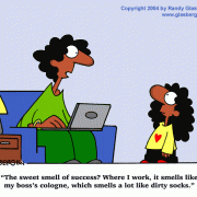 Self-Improvement Cartoons: career advancement, motivation, achievement, setting goals, business goals, personal goals, inspirational cartoons, motivational messages, cartoon motivators, success, striving for success, cartoons about getting motivated, motivational parody, accomplishment, smell of success, sweet smell of success, boss cartoons, boss's socks, cologne, odor, stink, smells, socks, teaching about success, dirty socks, mother, daughter.