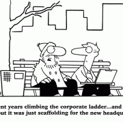 Self-Improvement Cartoons: career advancement, motivation, achievement, setting goals, business goals, personal goals, inspirational cartoons, motivational messages, cartoon motivators, success, striving for success, cartoons about getting motivated, motivational parody, accomplishment, corporate ladder, ladder to success, scaffolding, climb the ladder to success, success, succeed, bum, homeless, homeless man, park bench, park.