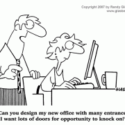 Self-Improvement Cartoons: career advancement, motivation, achievement, setting goals, business goals, personal goals, inspirational cartoons, motivational messages, cartoon motivators, success, striving for success, cartoons about getting motivated, motivational parody, accomplishment, architect, opportunity knocks, opportunity knocking, architecture, office layout, office building, design, blueprints.