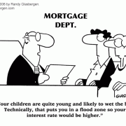Banking Cartoons:cartoons about real estate sales, cartoons about selling real estate, flood, flood zone, children, family, families, bed, interest, interest rates, loan, loans, financing, mortgage, mortgages