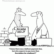 Banking Cartoon: balloon payment, beggar, mortgage, alternative mortgage, sub-prime mortgage, predatory lender, adjustable rate mortgage, balloon mortgage.