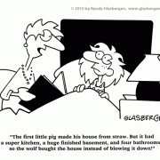 Real Estate Cartoons, home buyer cartoons, realtor, real estate agent, house, home, property, realty, realty company,listing, listings, pig, wolf, wolves, bathroom, basement, kitchen cartoons, three pigs, cartoon about three little pigs, cartoon about bedtime story, mom, mommy, mother, daughter, family, families.