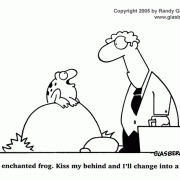 Sales cartoons, cartoons about selling, frog, ass kissing, enchanted frog, brown-nosing, salesman, client, new client, finding new business, customer satisfaction. 
