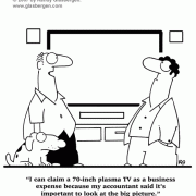 I can claim a 70-inch plasma TV as a business expense because my accountant said it's important to look at the big picture.