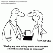Teamwork Cartoons, Cartoons About Coworkers: employee relations, employee relationships, coworker relations, workforce, workers who brag, boasting, brag about money.