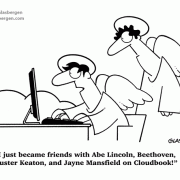 Angel Cartoons: cartoons about angels, cartoons about social media, cartoons about social networking, cartoons about facebook, cloudbook cartoon, Buster Keaton, Beethoven, cloudbook, Jayne Mansfield, Abe Lincoln, angels on the internet, dead celebrities, celebrities, cartoons about celebrities.