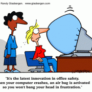 Computer Cartoons, Office Technology Cartoons: digital information processing, digital information management, office equipment, office machines, coping with office machines, coping with office technology, air bag, computer crash, cartoons about office safety, job injuries.