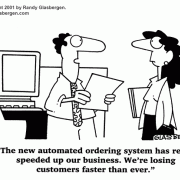 Computer Cartoons, Office Technology Cartoons: digital information processing, digital information management, office equipment, office machines, coping with office machines, coping with office technology, automation, losing customers, Internet sales, cartoon about secure website, cartoon about order form,  cartoons about selling online.