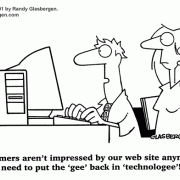 Computer Cartoons, Office Technology Cartoons: digital information processing, digital information management, office equipment, office machines, coping with office machines, coping with office technology,computer, impressing customers, improving website, outdated website.
