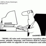 Computer Cartoons, Office Technology Cartoons: computer,  business machines, office electronics, cartoons about computer technology,computer upgrade, network upgrade, IT staff, memo.