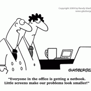 Computer Cartoons, Office Technology Cartoons: digital information processing, digital information management, office equipment, office machines, coping with office machines, coping with office technology,  cartoon about netbook, computer cartoons, net books, netbook, netbooks, laptop, laptops, notebook, notebooks, notebook computer, computers, business, technology, office, cartoons about office technology, small computer.