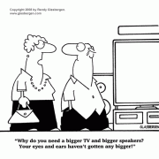 Digital Lifestyle Cartoons: digital media, new media, new media technology, digital media technology, digital innovation, digital media management, digital electronics, digital gadgets, cartoon about bigger TV screen, bigger speakers, cartoon about home theater, bigger and better, surround sound.