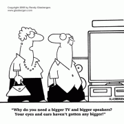 Digital Lifestyle Cartoons: digital media, new media, new media technology, digital media technology, digital innovation, digital media management, digital electronics, digital gadgets, cartoon about bigger TV screen, bigger speakers, cartoon about home theater, bigger and better, surround sound. 