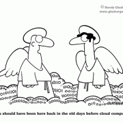 Computer Cartoons, Office Technology Cartoons: digital information processing, digital information management, office equipment, office machines, coping with office machines, coping with office technology, cloud computing, binary code, digital data, data storage, angels, Heaven.
