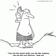 Vacation Cartoons: tourist cartoons, beach vacation cartoons, sea shell cartoons, tipping, gratuity, vacation expenses, vacation spending, talking sea shell, swim suit, swim trunks, sand, waiters, hotel staff, taxi drivers, ocean vacation.