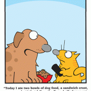 Today I ate two bowls of dog food, a sandwich crust, some spaghetti that fell on the floor, half of your cat food, a wet tea bag, three bugs and the inside of a sneaker. How many grams of fat is that?