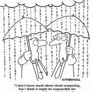 Cartoons about cloud computing, weather, wireless data, data storage, computers, technology.