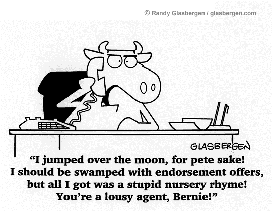 Image result for Cow Cartoon, "I jumped over the moon, and all I got was a nursery rhyme